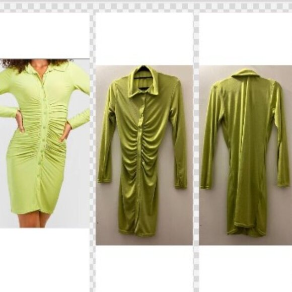 Light Lime Apple Green Sparkle BooHoo Collar Button Up Mini Shirt Dress - Picture 1 of 7